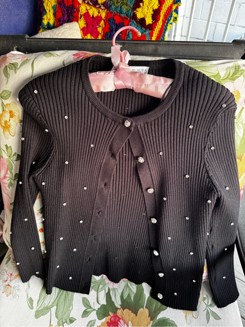 Zara Black Ribbed Cardigan with Rhinestone Studs